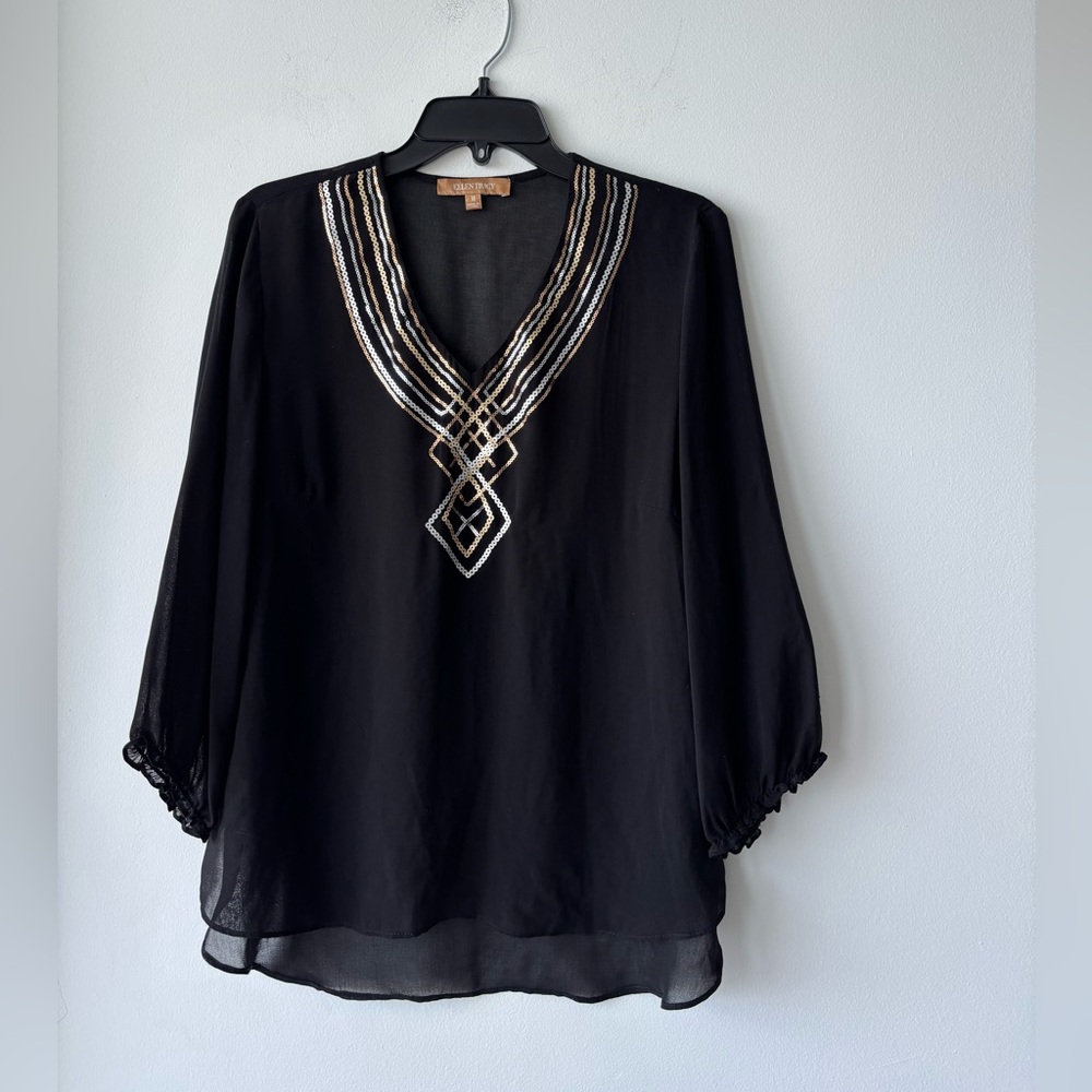 Ellen Tracy Blouse Black Sequin Chiffon Sheer Top Womens M Glam Y2K Formal Event